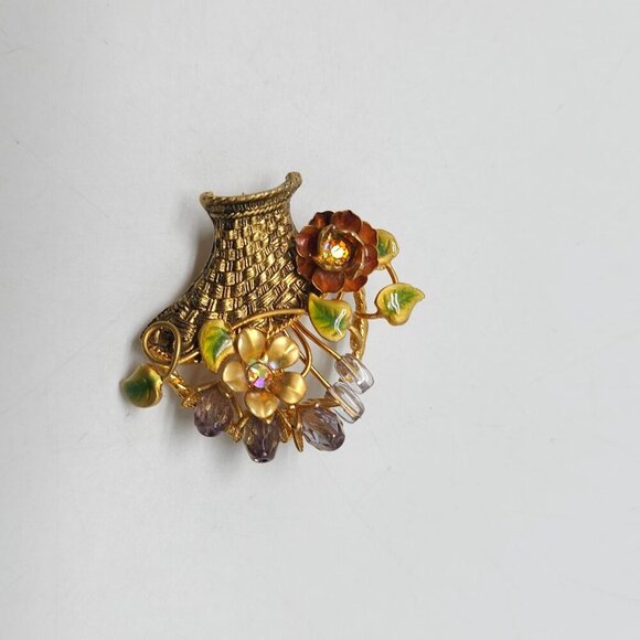 Vintage Floral Basket Brooch With Rhinestone Accents Enamel Details - Picture 2 of 5